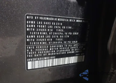 2018 Volkswagen Tiguan 2.0T Se/2.0T Sel из США, поврежденный, VIN 3VV2B7AX6JM031602